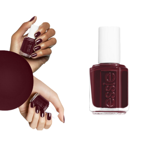Swatch of Essie Carry On – rich mulberry purple on nails