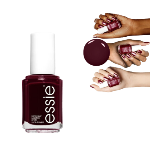 Swatch of Essie 52 Thigh High – glossy burgundy red with shimmer