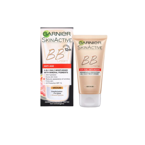 "Garnier Skin Active Anti-Age BB Cream Medium - All-in-one beauty solution with SPF 15 protection and anti-aging benefits"