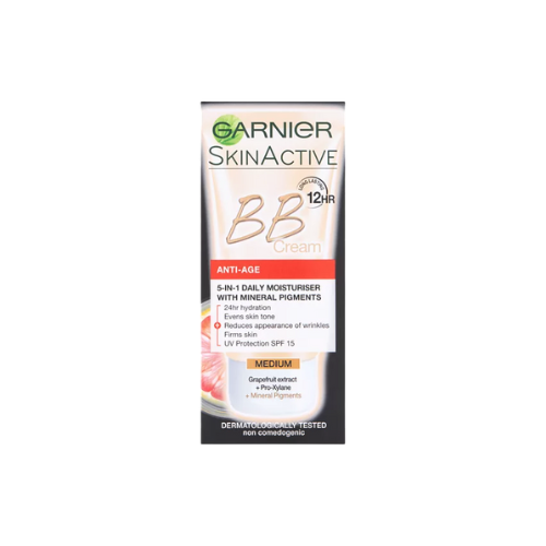 "Garnier Skin Active Anti-Age BB Cream Medium - All-in-one beauty solution with SPF 15 protection and anti-aging benefits"
