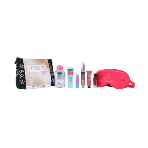 "Maybelline Jet Setter Gift Set - Complete travel beauty kit with mascara, lipstick, primer, and more"
