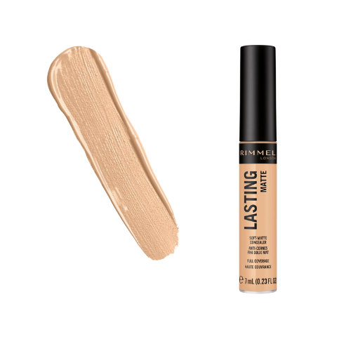 "Rimmel Lasting Matte Concealer 015 True Ivory swatch on skin - Full coverage matte finish"

