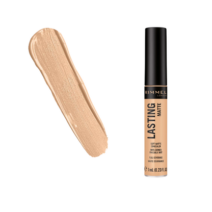 "Rimmel Lasting Matte Concealer 015 True Ivory swatch on skin - Full coverage matte finish"
